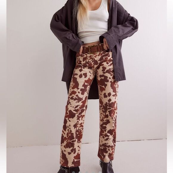 Free People Risk Taker Mid Rise Printed Jeans in Tea Combo-Cow Print - Picture 1 of 10
